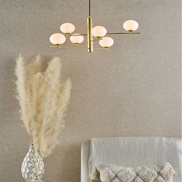 Jasper 6 Light Pendant In Satin Gold With Opal Glass Shades