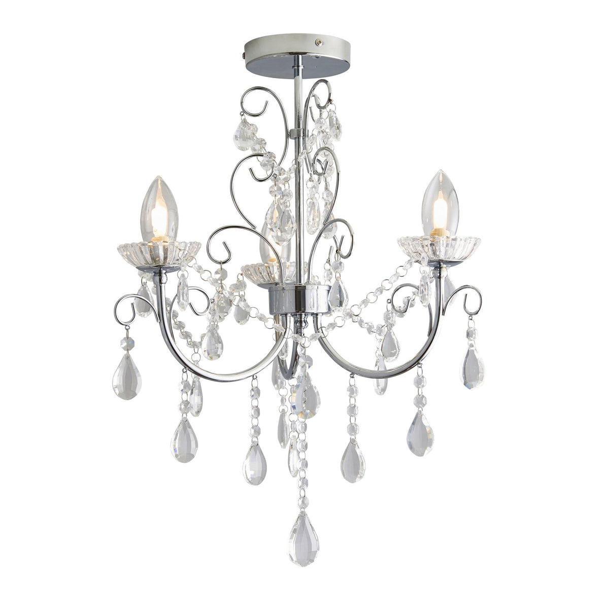 Tabitha Three Light IP44 Bathroom Semi Flush in Polished Chrome with Faceted Crystals