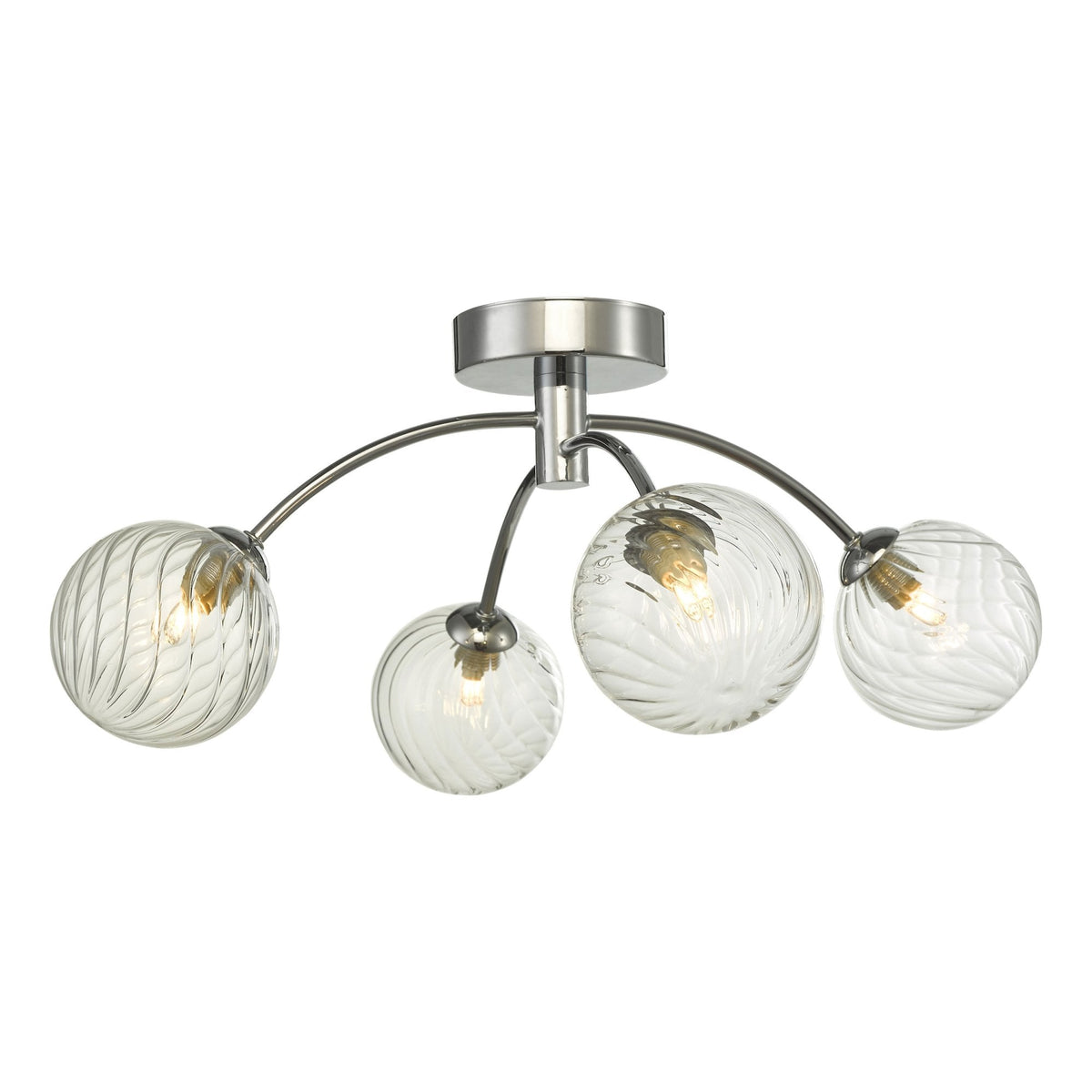 Four-light ceiling fixture with clear, textured glass globes and a brushed nickel finish.