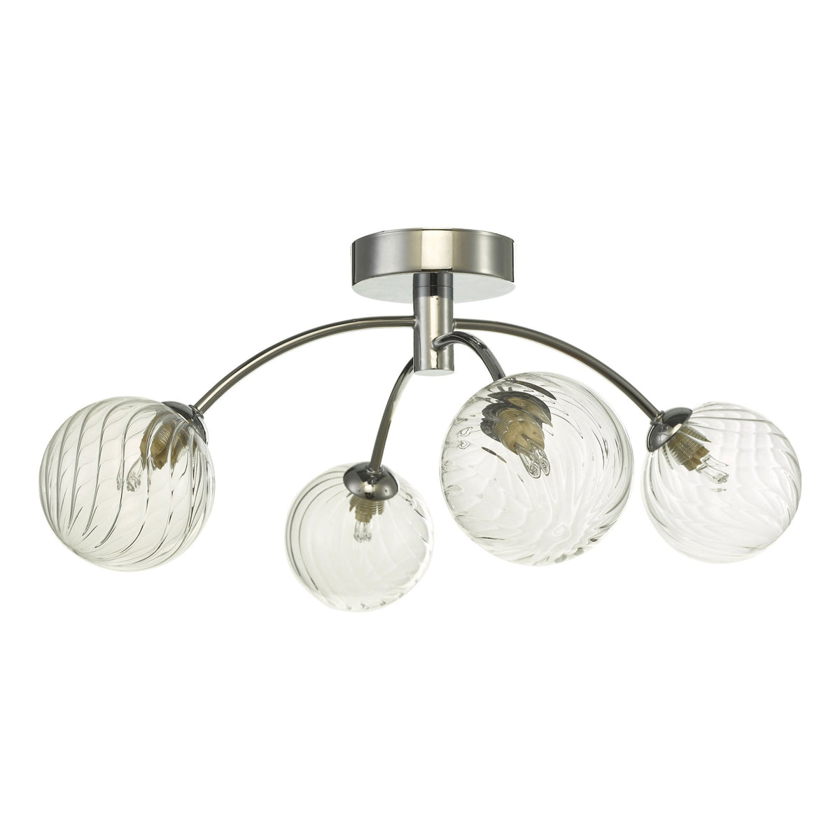 Brushed chrome ceiling light with four curved arms, each holding a clear, ribbed glass globe shade.