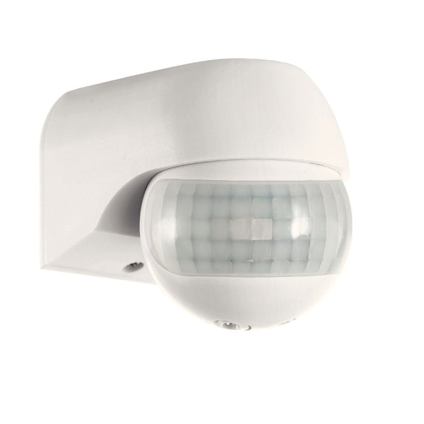 A white security sensor, designed for motion detection, is mounted to a wall.