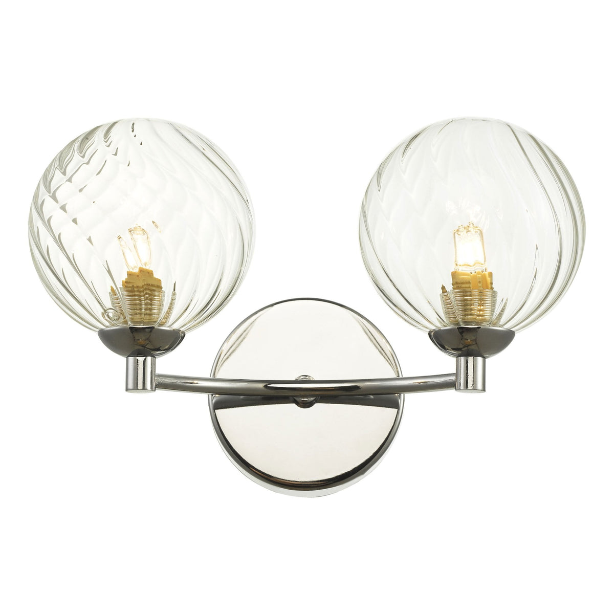 Chrome two-light vanity light with clear, swirled glass shades and exposed bulbs.