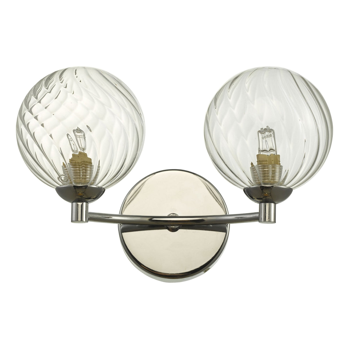 Chrome wall sconce with two clear, textured glass globe shades and exposed bulbs.