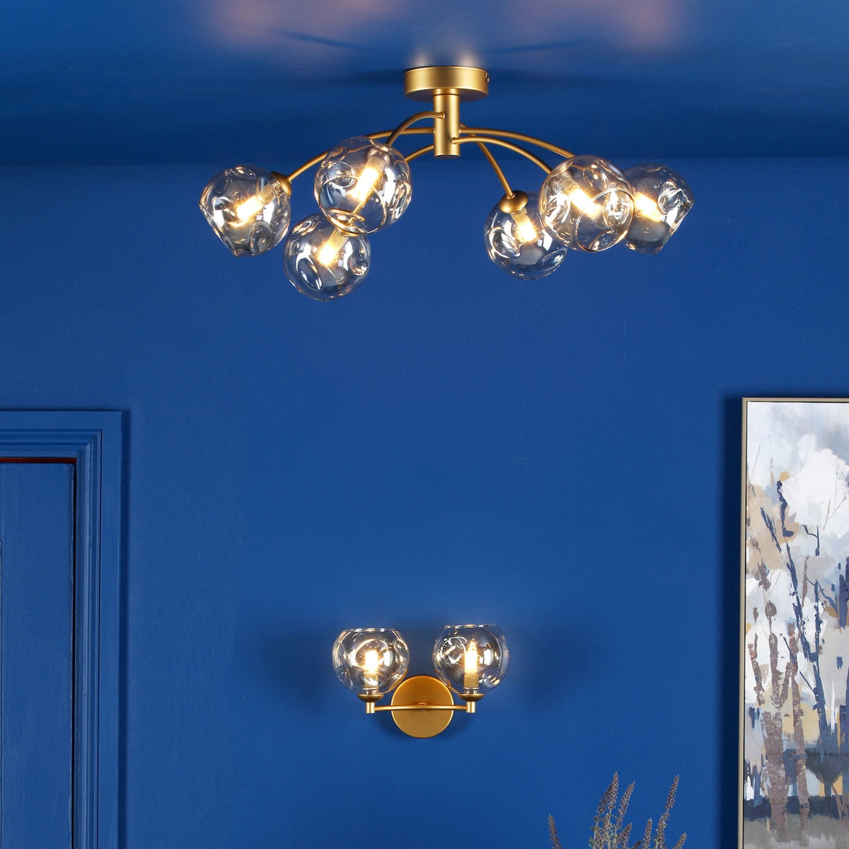 Izzy 6 Light Semi-Flush Ceiling Light In Gold With Champagne Dimpled Glass Shades