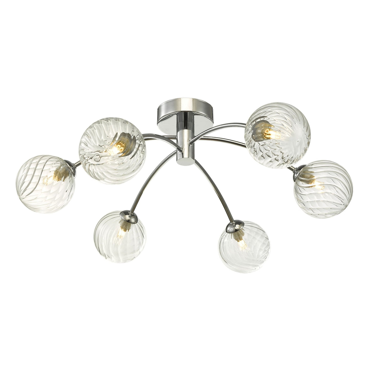Chrome ceiling light with six clear, textured glass globe shades, each containing an illuminated bulb.