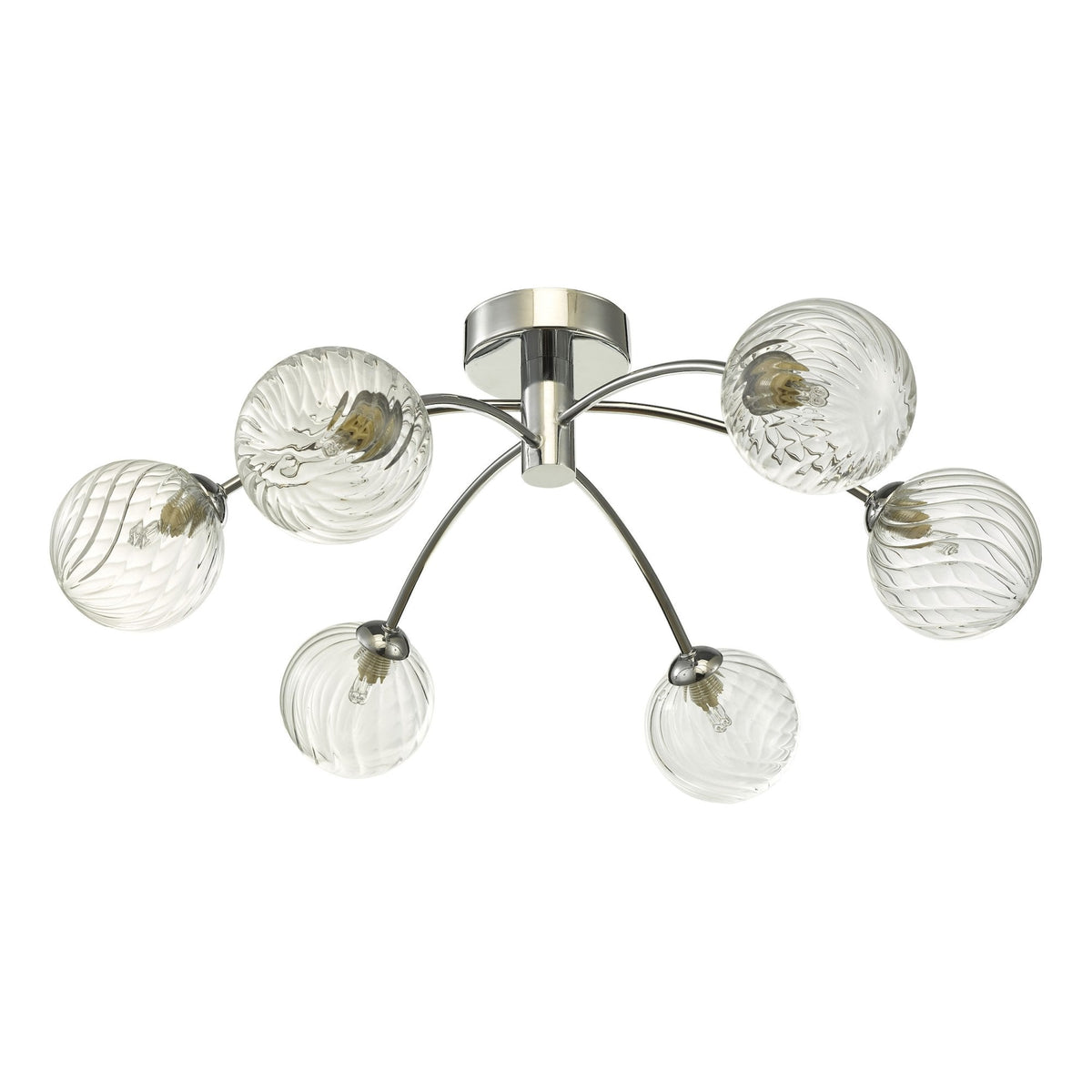 Chrome ceiling light with six clear, textured glass globe shades.