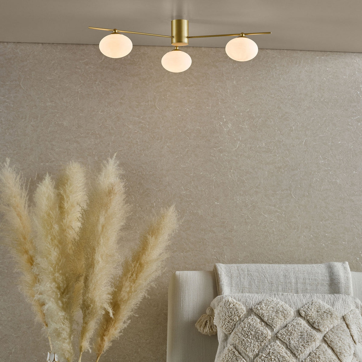 Jasper 3 Light Semi Flush Fitting In Satin Gold With Opal Glass Shades
