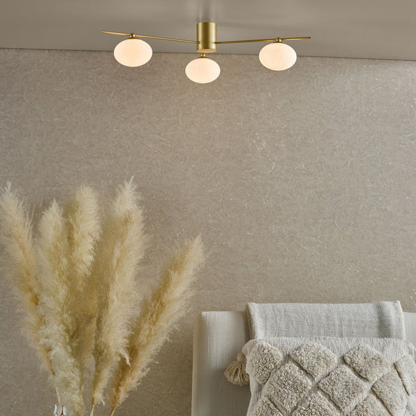 Jasper 3 Light Semi Flush Fitting In Satin Gold With Opal Glass Shades