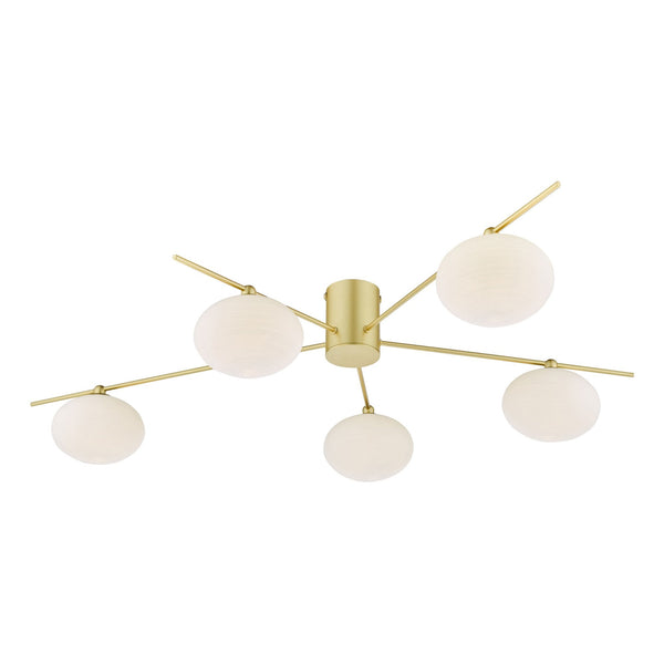 Jasper 5 Light Semi Flush Ceiling Light In Satin Gold With Opal Glass Shades