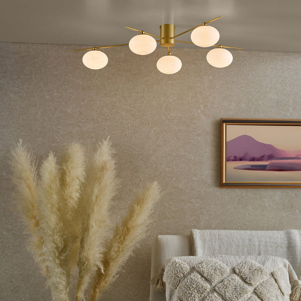 Jasper 5 Light Semi Flush Ceiling Light In Satin Gold With Opal Glass Shades