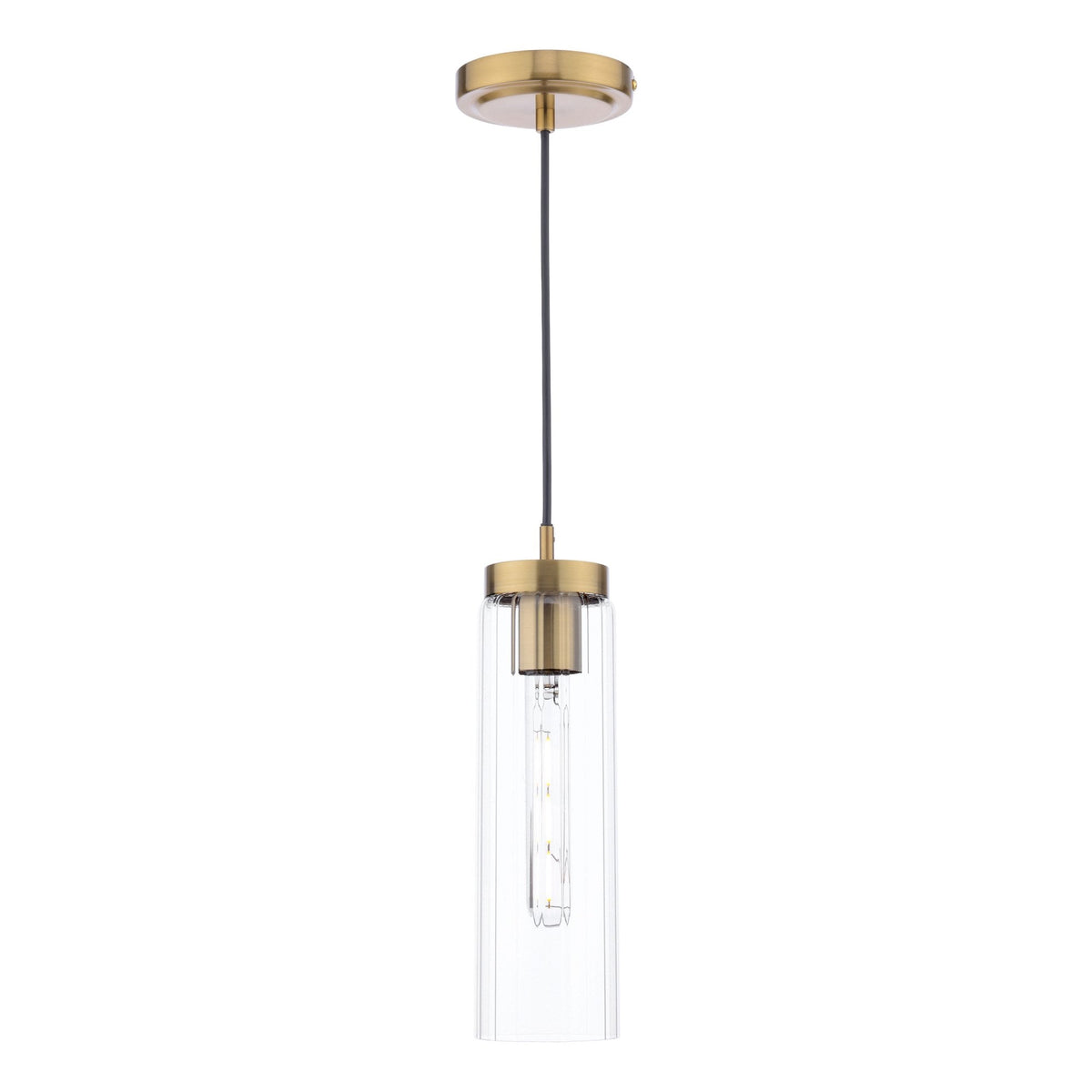 Modern brass pendant light with a clear, ribbed glass shade and exposed filament bulb.