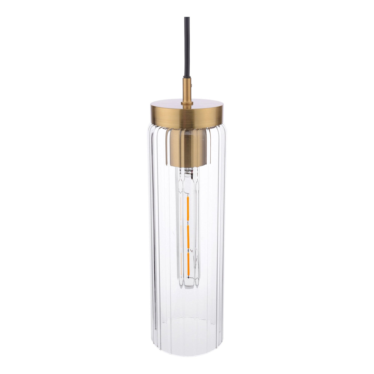 A clear, ribbed glass pendant light with a brass top and a visible filament bulb.