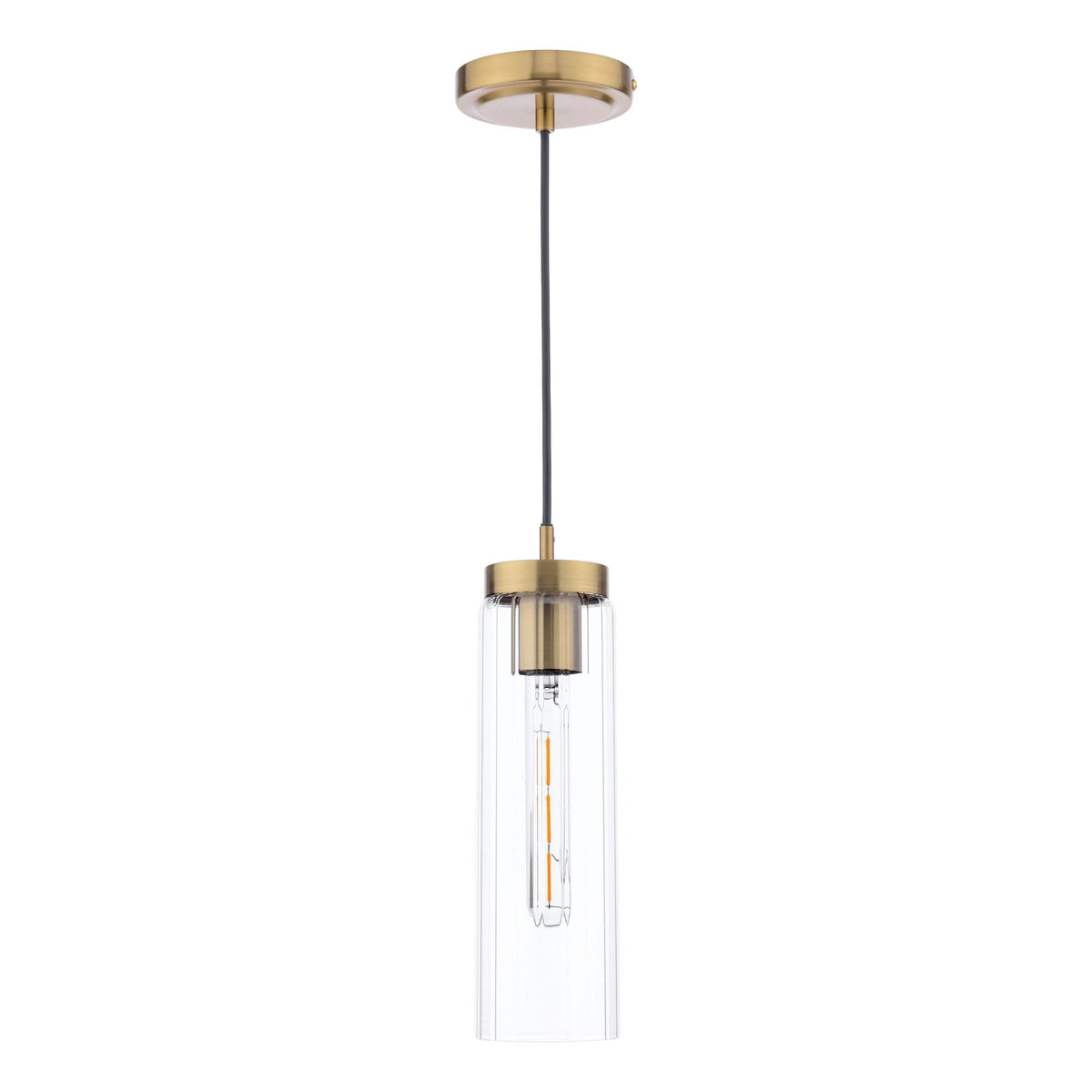 Modern brass pendant light with a clear, ribbed glass shade and exposed filament bulb.