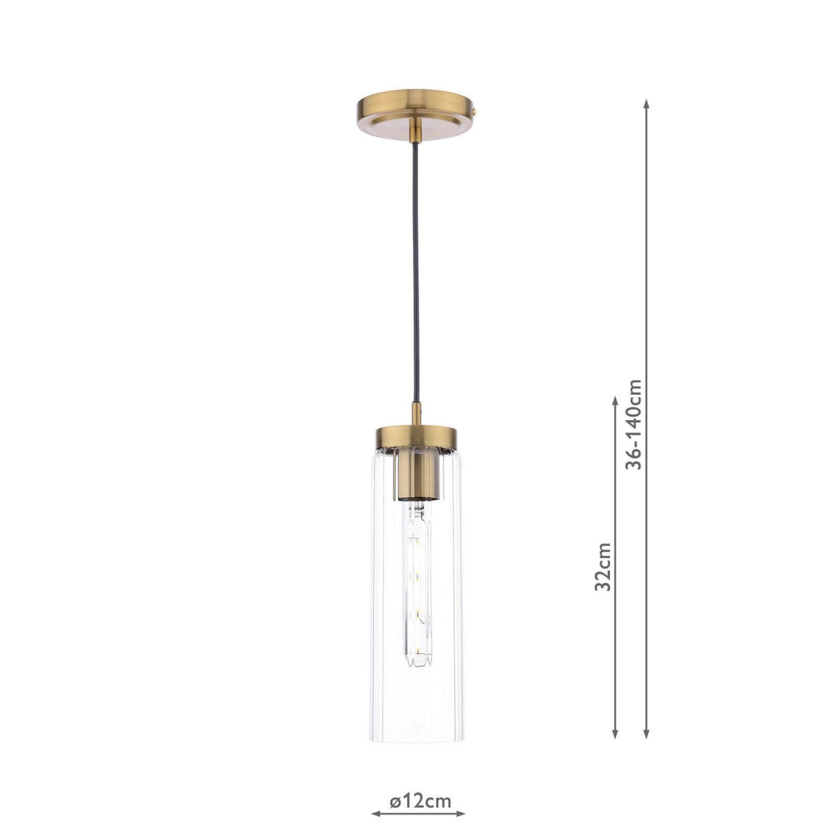 Modern brass and clear glass pendant light with exposed bulb, showing dimensions of 32cm length and 12cm diameter.