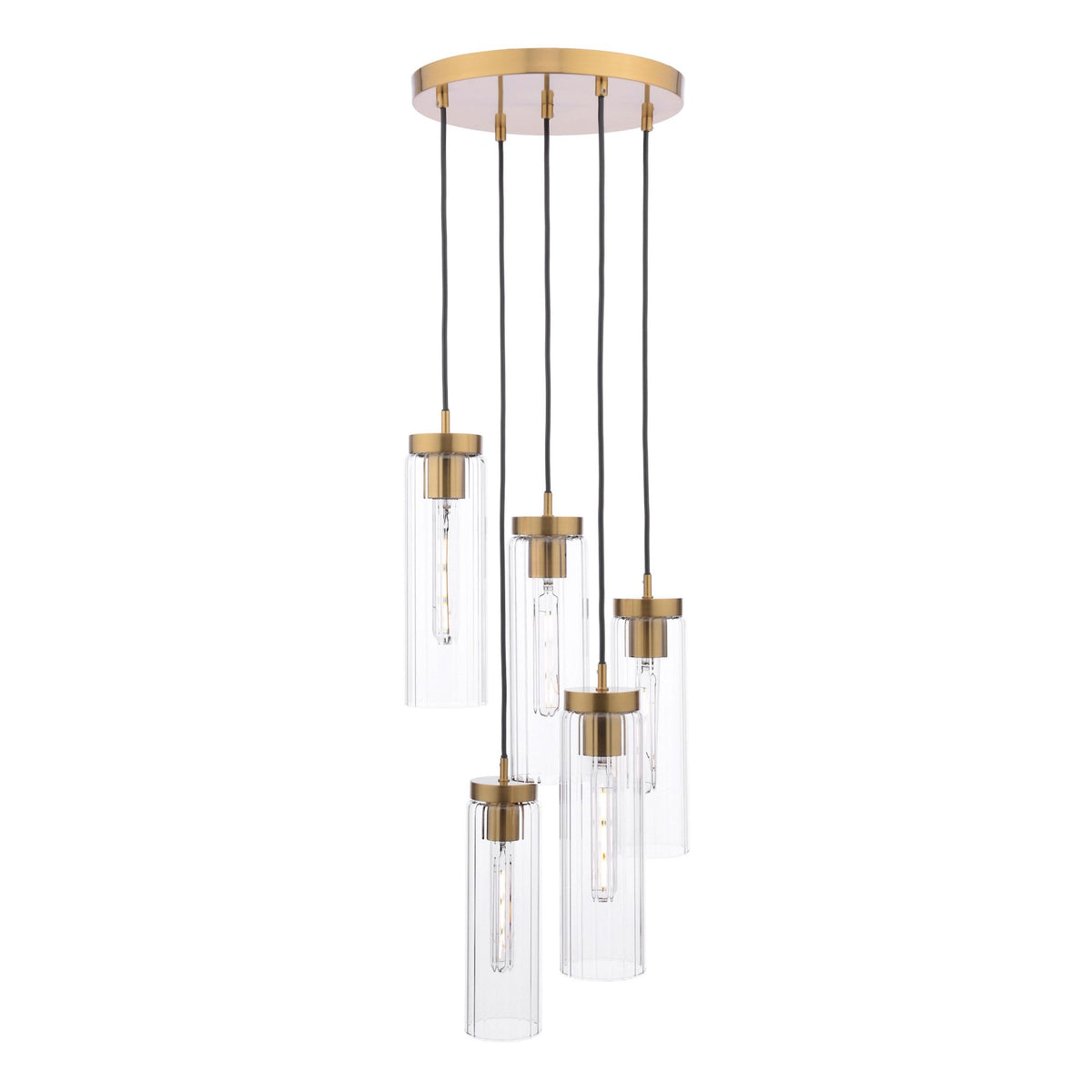 Modern chandelier with five clear, ribbed glass shades and brass accents.