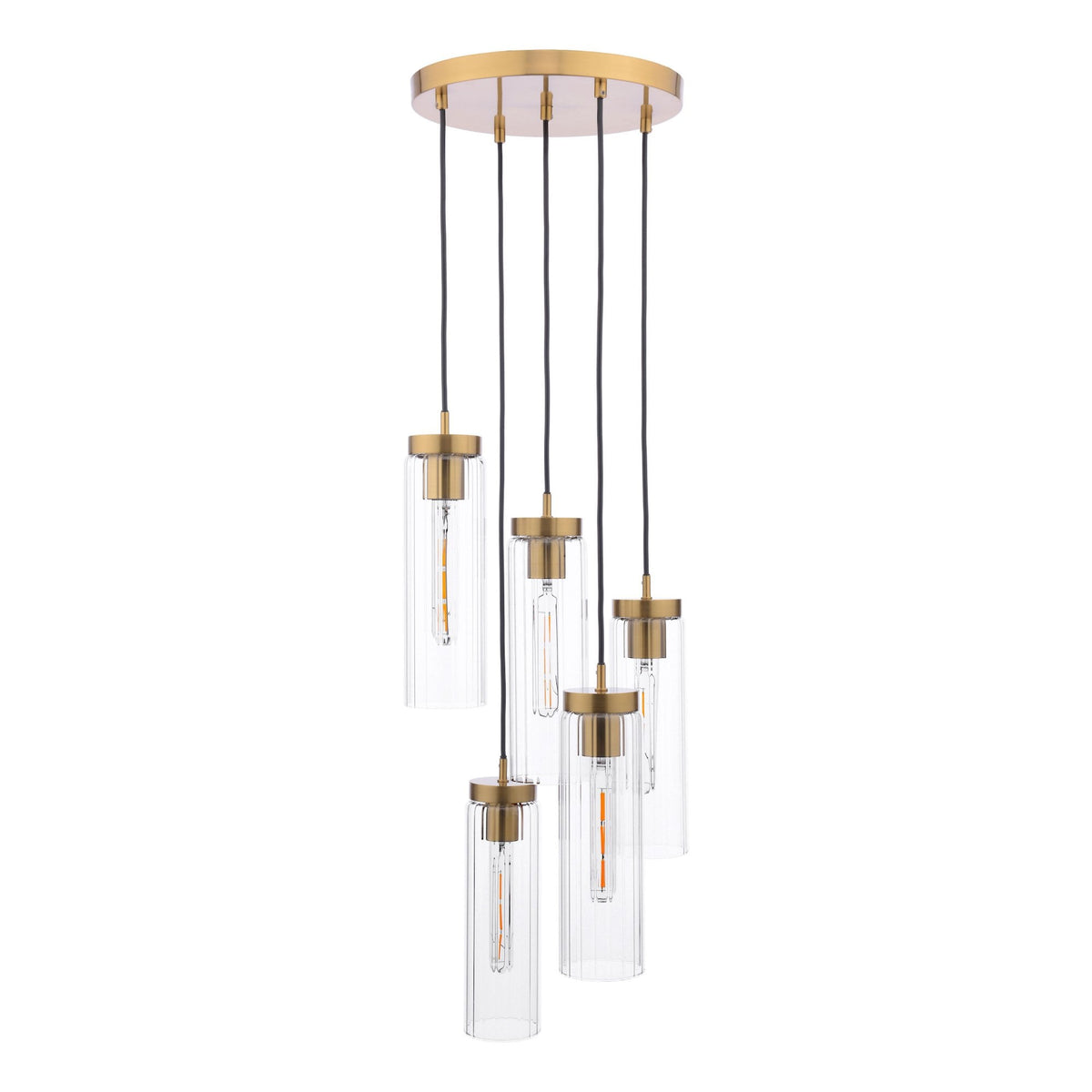 Modern chandelier with five clear ribbed glass shades and brass accents.