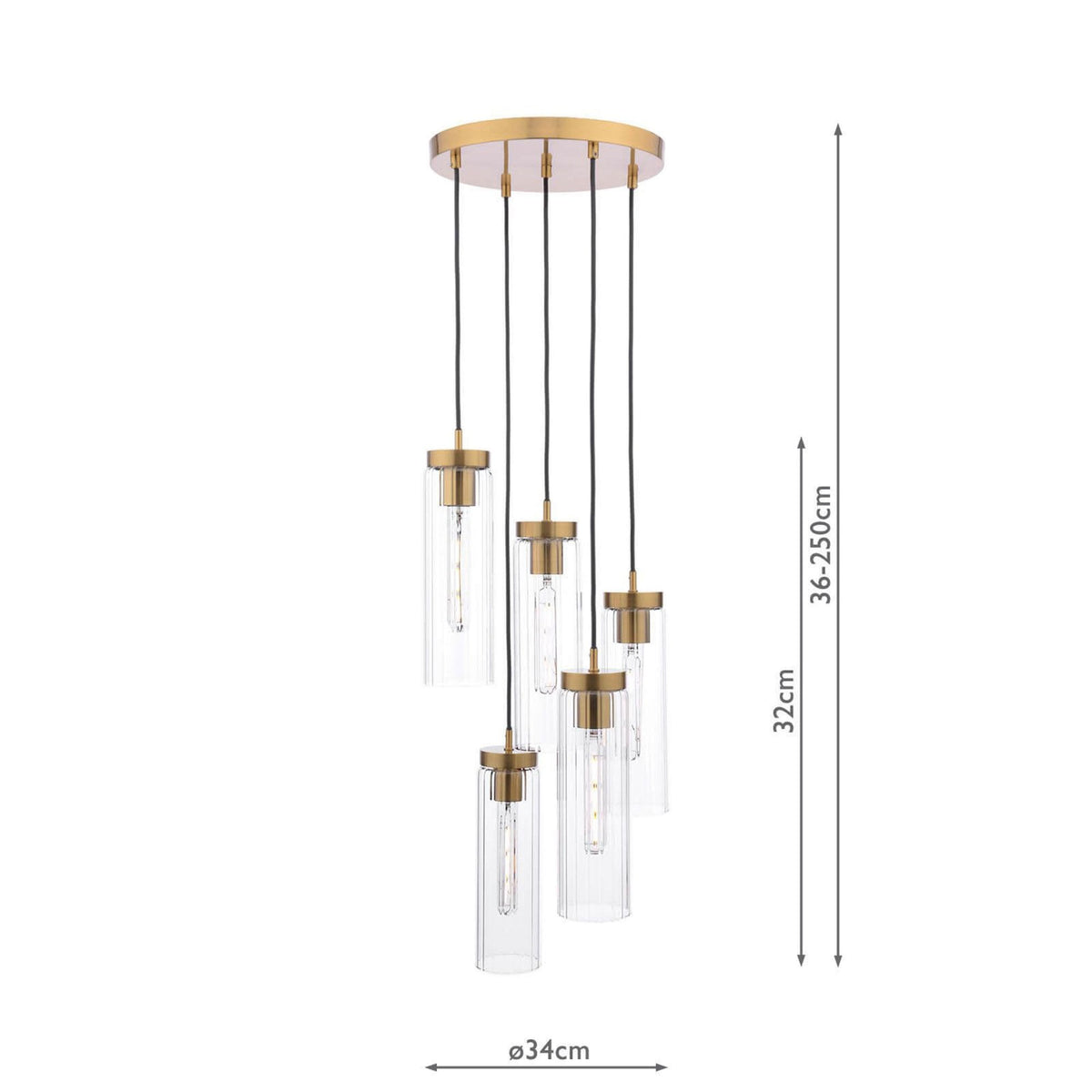Five gold and glass pendant lights hanging from a round gold base with dimensions.