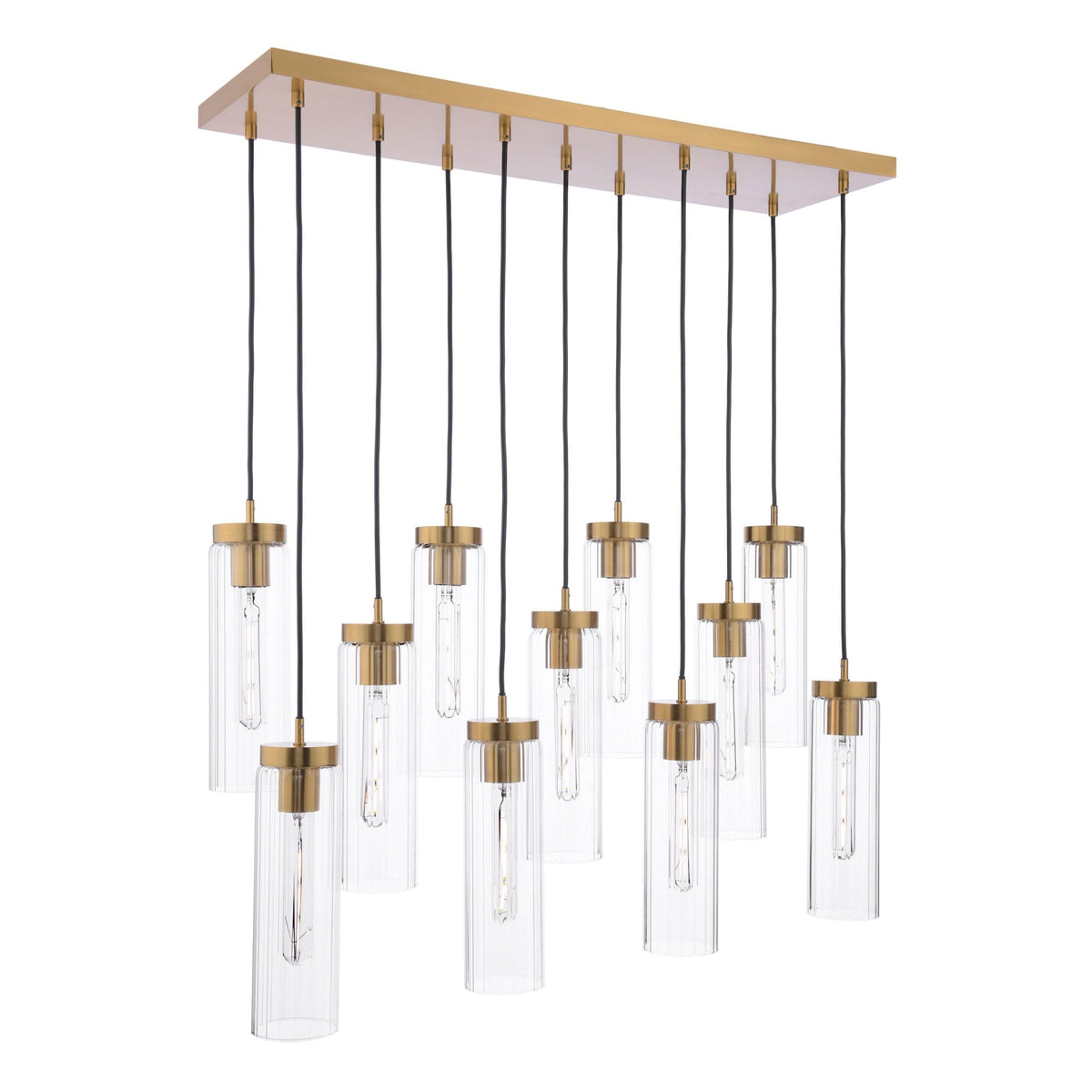 Rectangular gold chandelier with 10 clear ribbed glass cylinders hanging at varying heights.