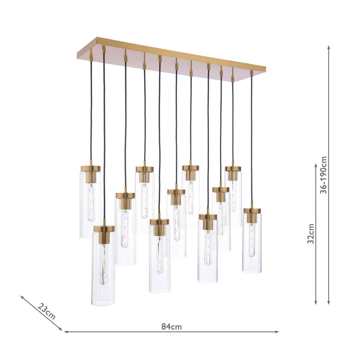 A rectangular gold ceiling plate with 12 clear glass cylinder pendant lights hanging at varying heights.