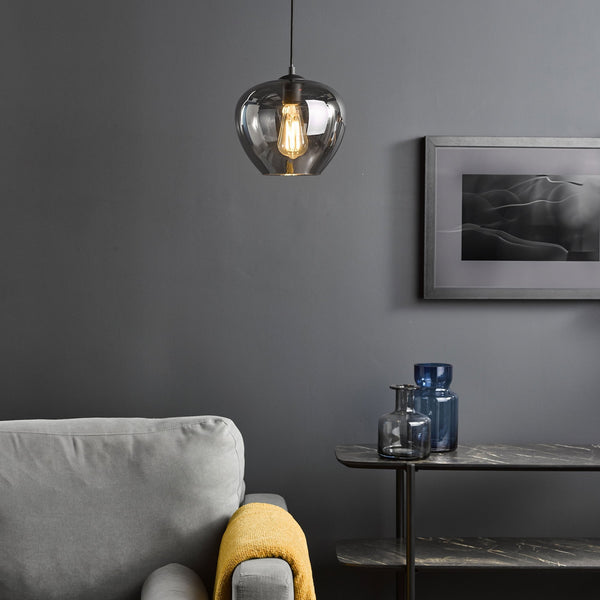 Shilah Single Pendant In Matt Black With Smoked Glass Shade