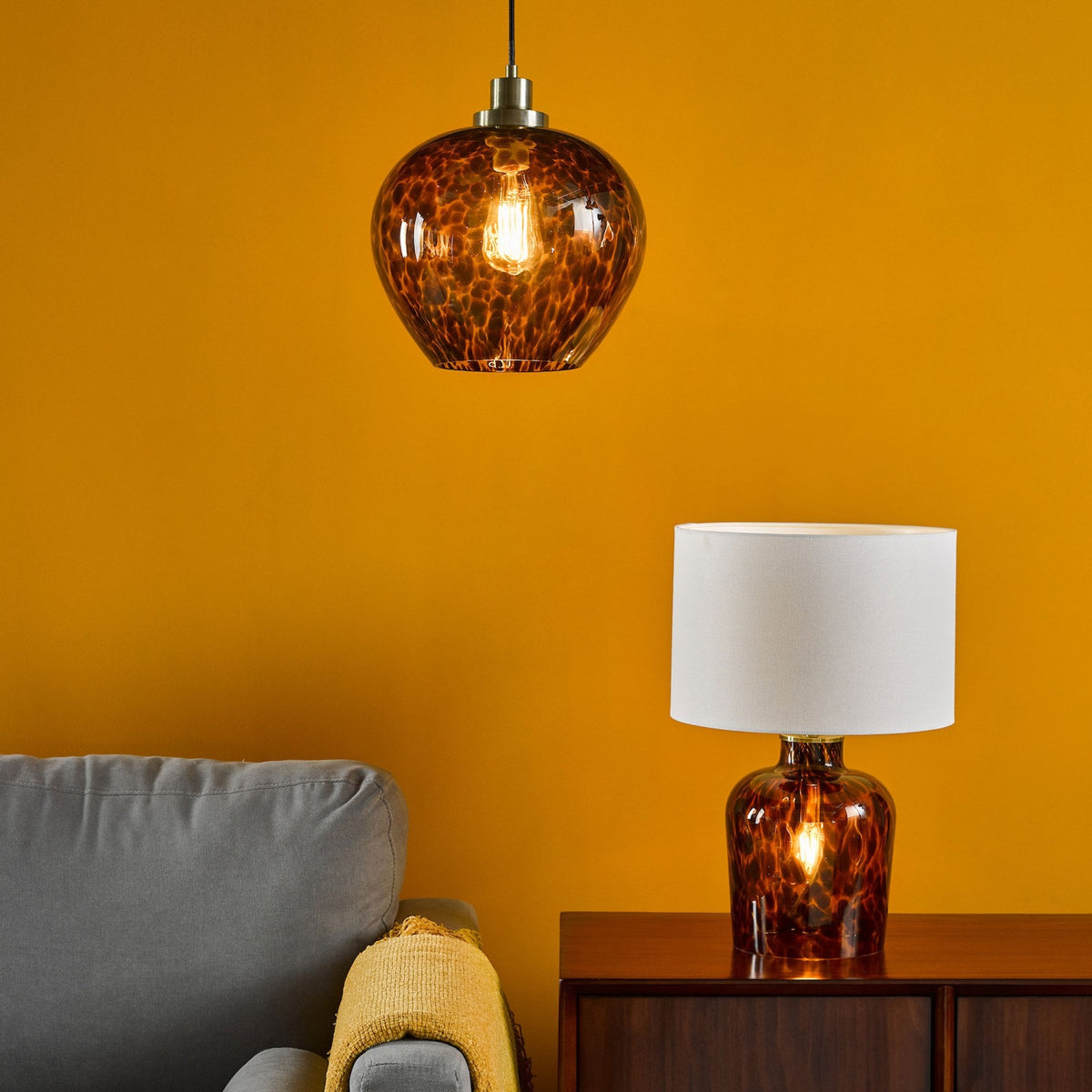 Leandra Single Pendant In Antique Brass With Tortoiseshell Glass Shade
