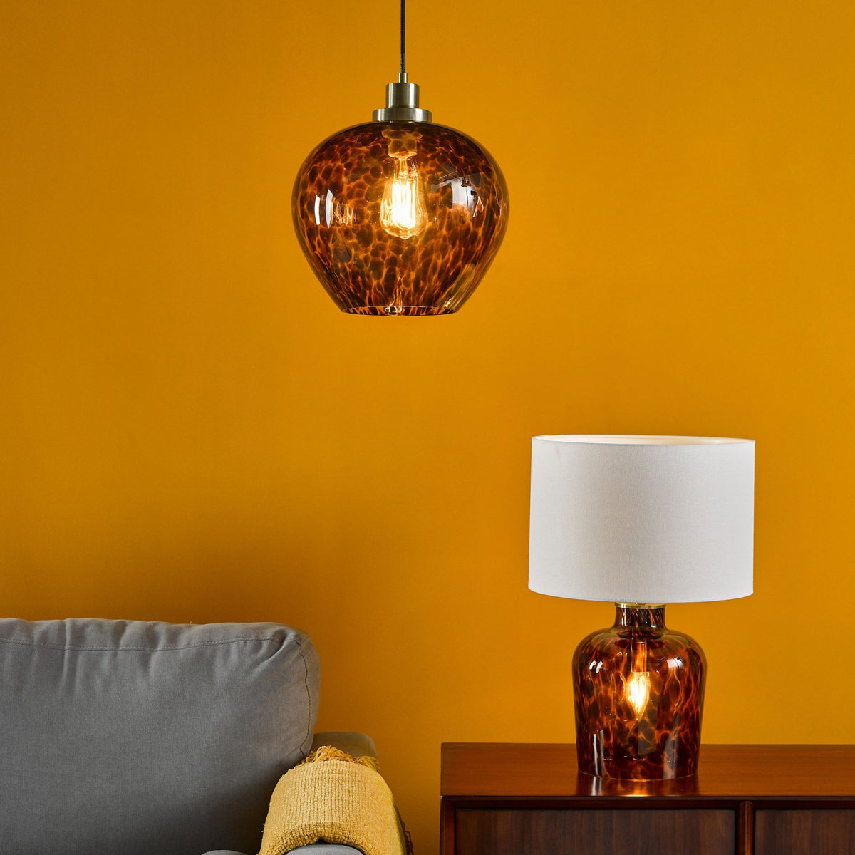 Leandra Dual Source Tortoiseshell Glass Table Lamp With White Linen Shade