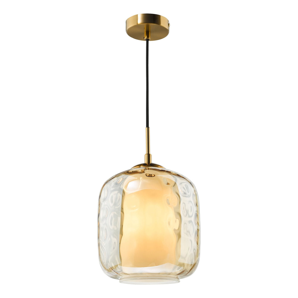 Amber glass pendant light with a textured surface and a gold ceiling mount.