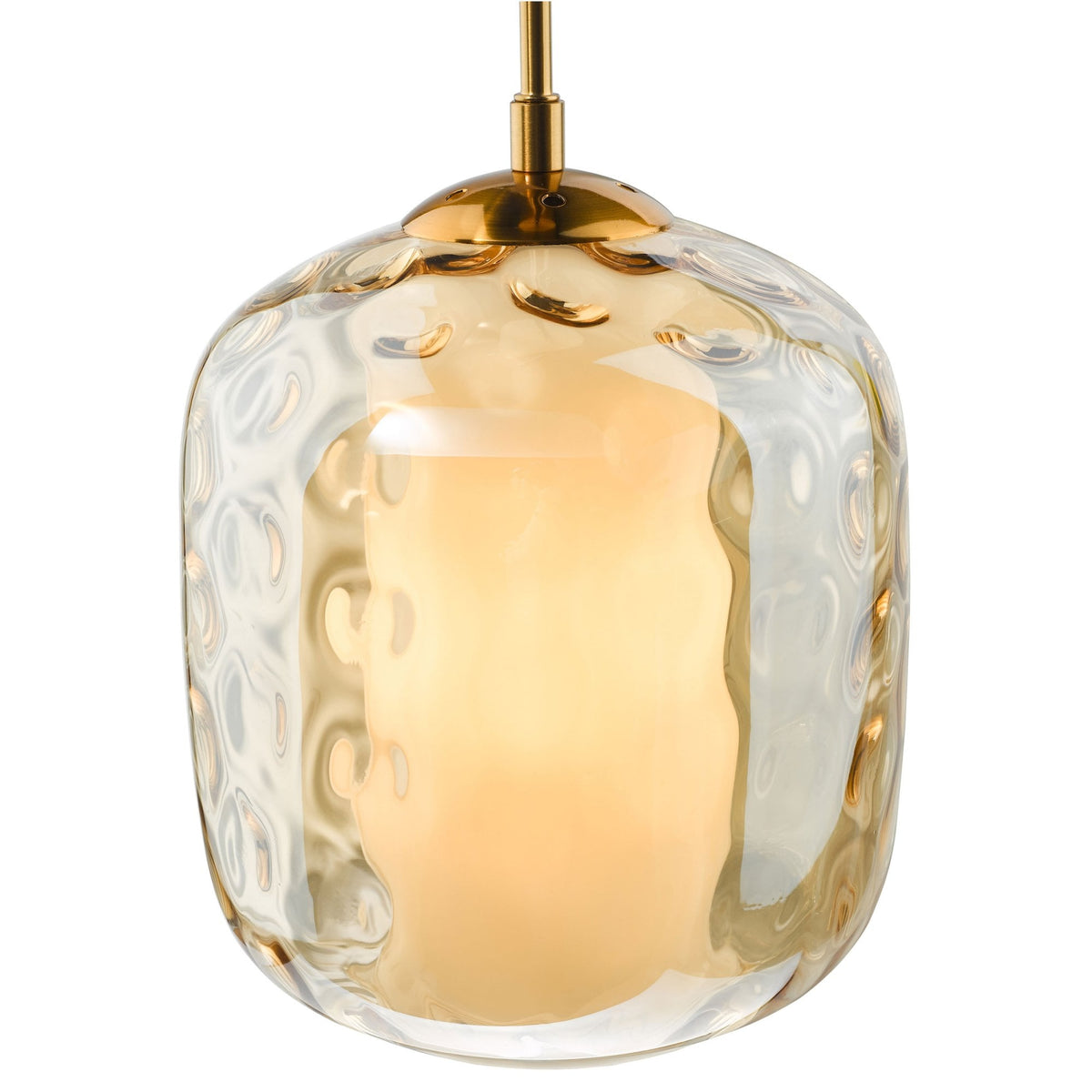 Amber glass pendant light with a textured, wavy surface and a gold-finished top.