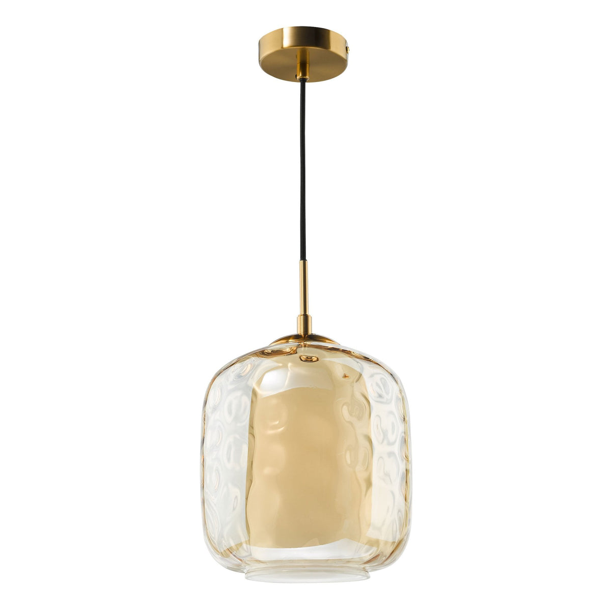 Textured amber glass pendant light with a gold ceiling plate and black cord.