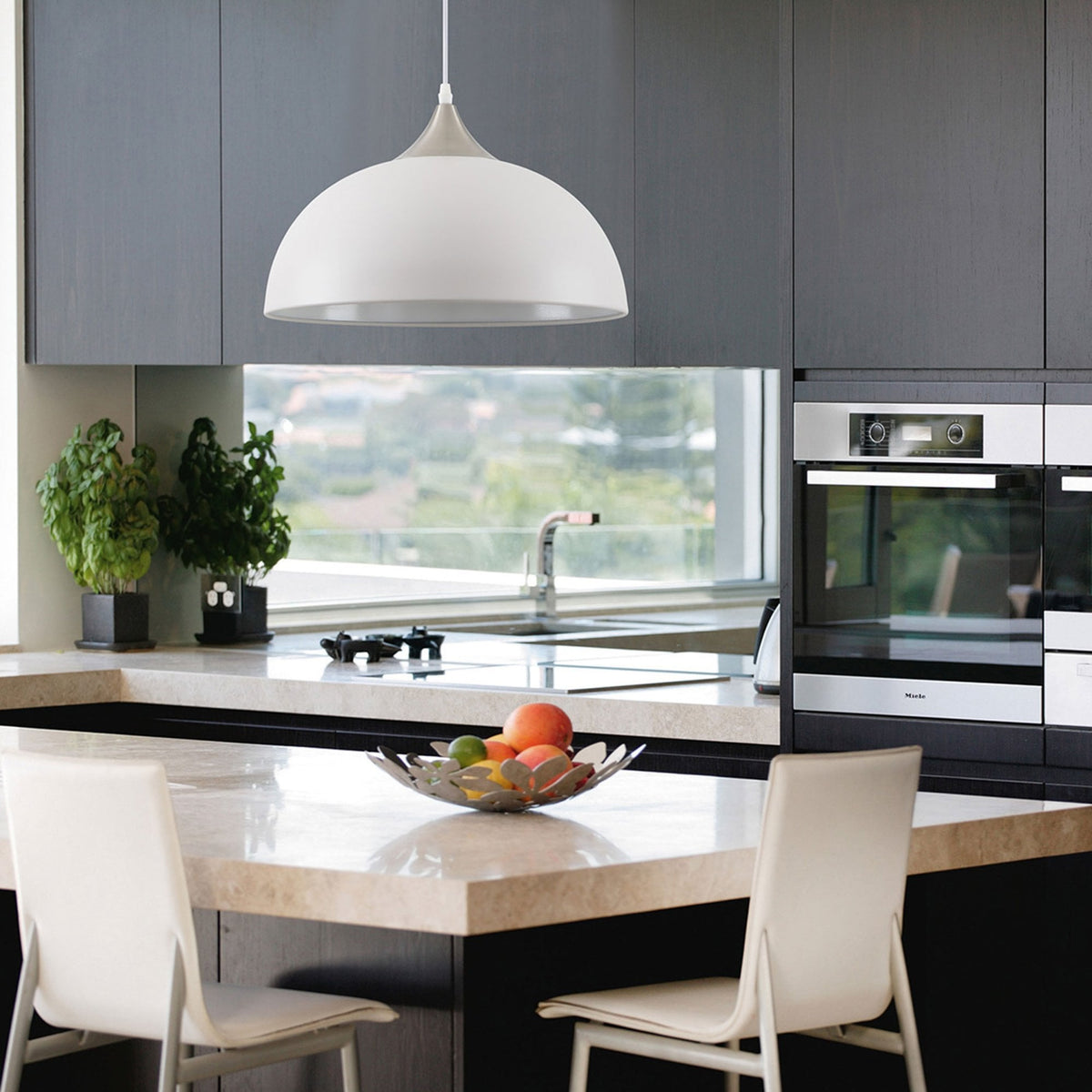 Bampton Dome Pendant in Textured White & Satin Nickel