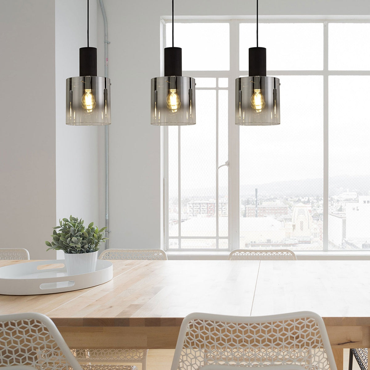 Belstone Triple Linear Pendant in Black & Chrome with Smoke Fade Glass
