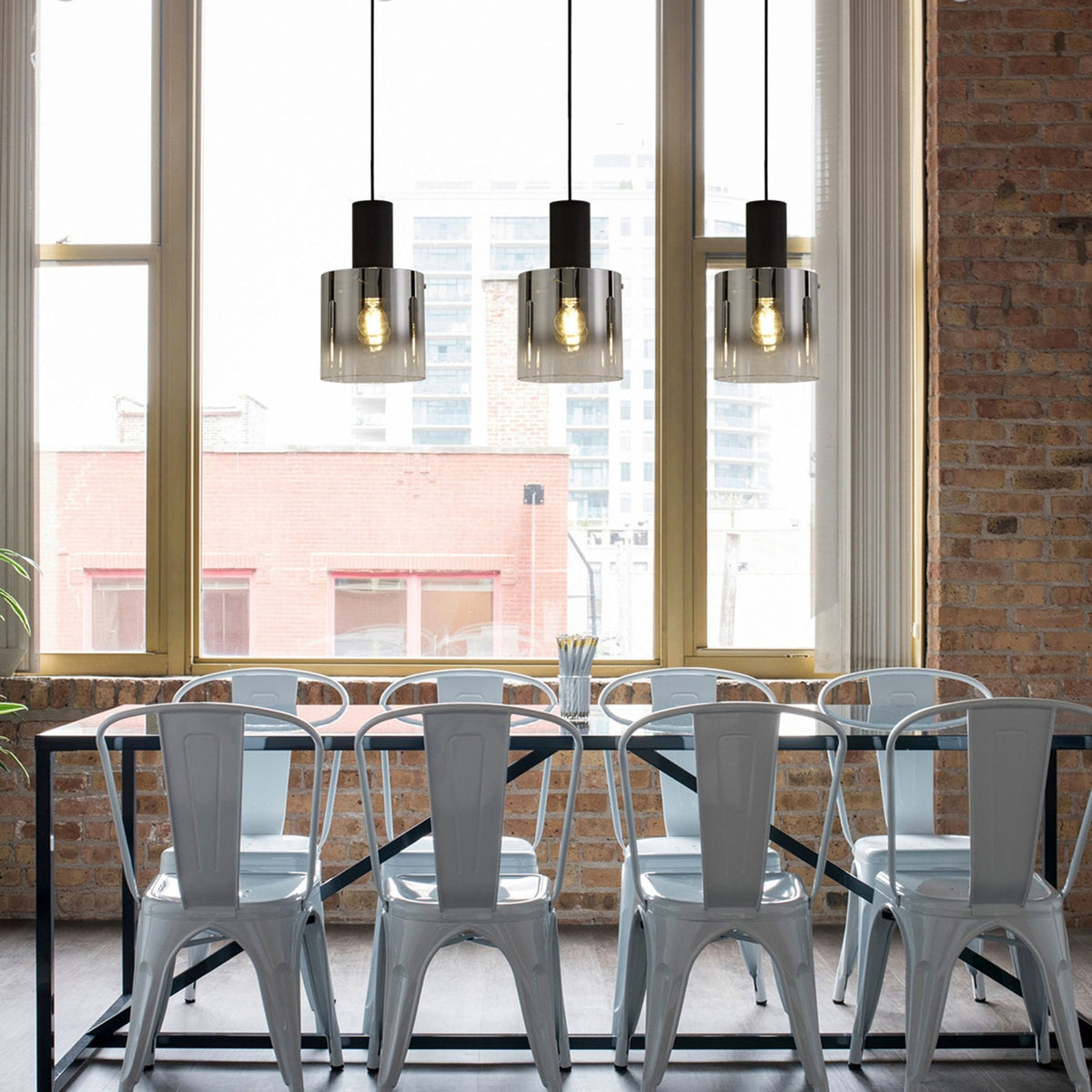 Belstone Triple Linear Pendant in Black & Chrome with Smoke Fade Glass