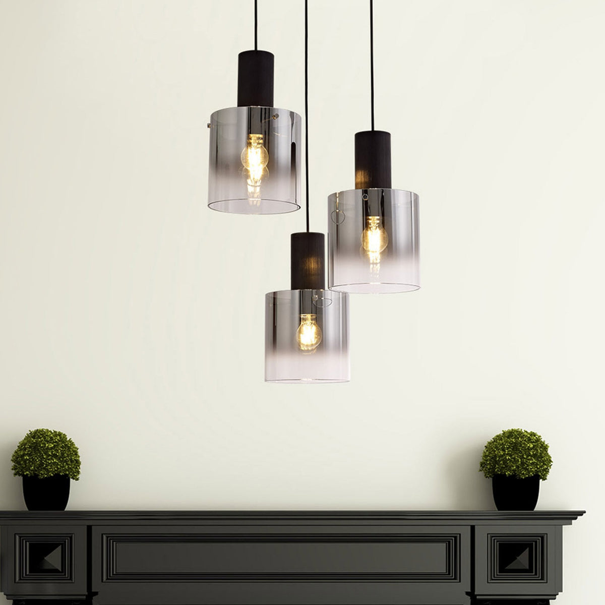 Belstone Triple Round Pendant in Black & Chrome with Smoke Fade Glass