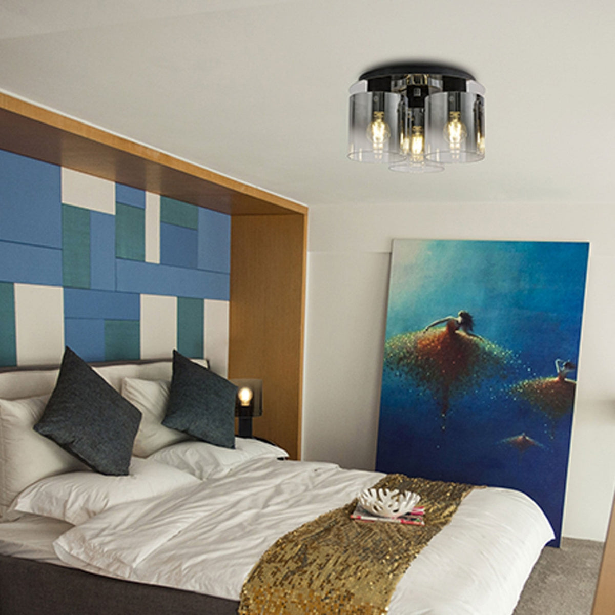 Belstone Triple Round Flush Ceiling Light in Black & Chrome with Smoke Fade Glass