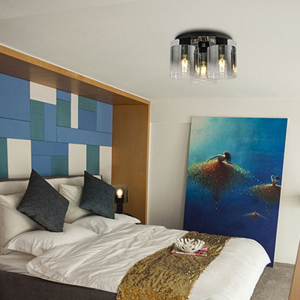 Belstone Triple Round Flush Ceiling Light in Black & Chrome with Smoke Fade Glass