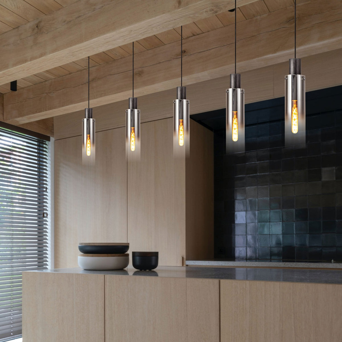Belstone Slim Single Pendant in Black & Chrome with Smoke Fade Glass