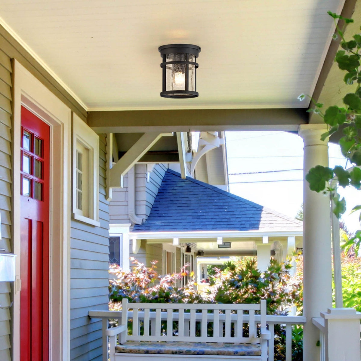 Ermington IP54 Ceiling Light in Black with Clear Crackled Glass