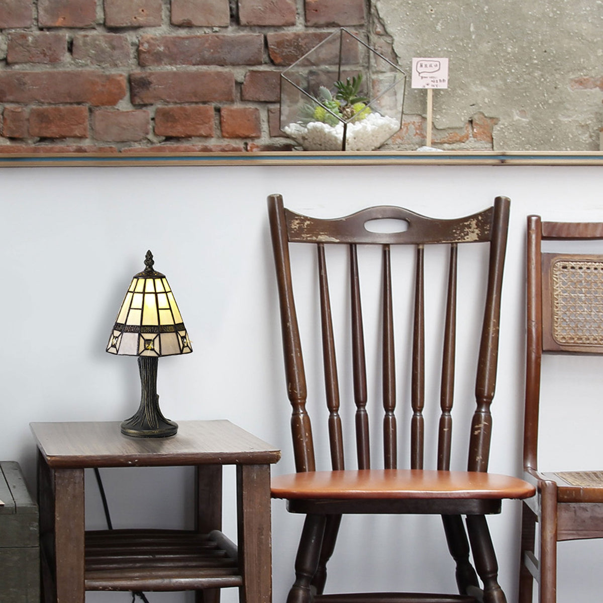 Exbourne E14 Tiffany Table Lamp Cream, Grey and Crystal Shade