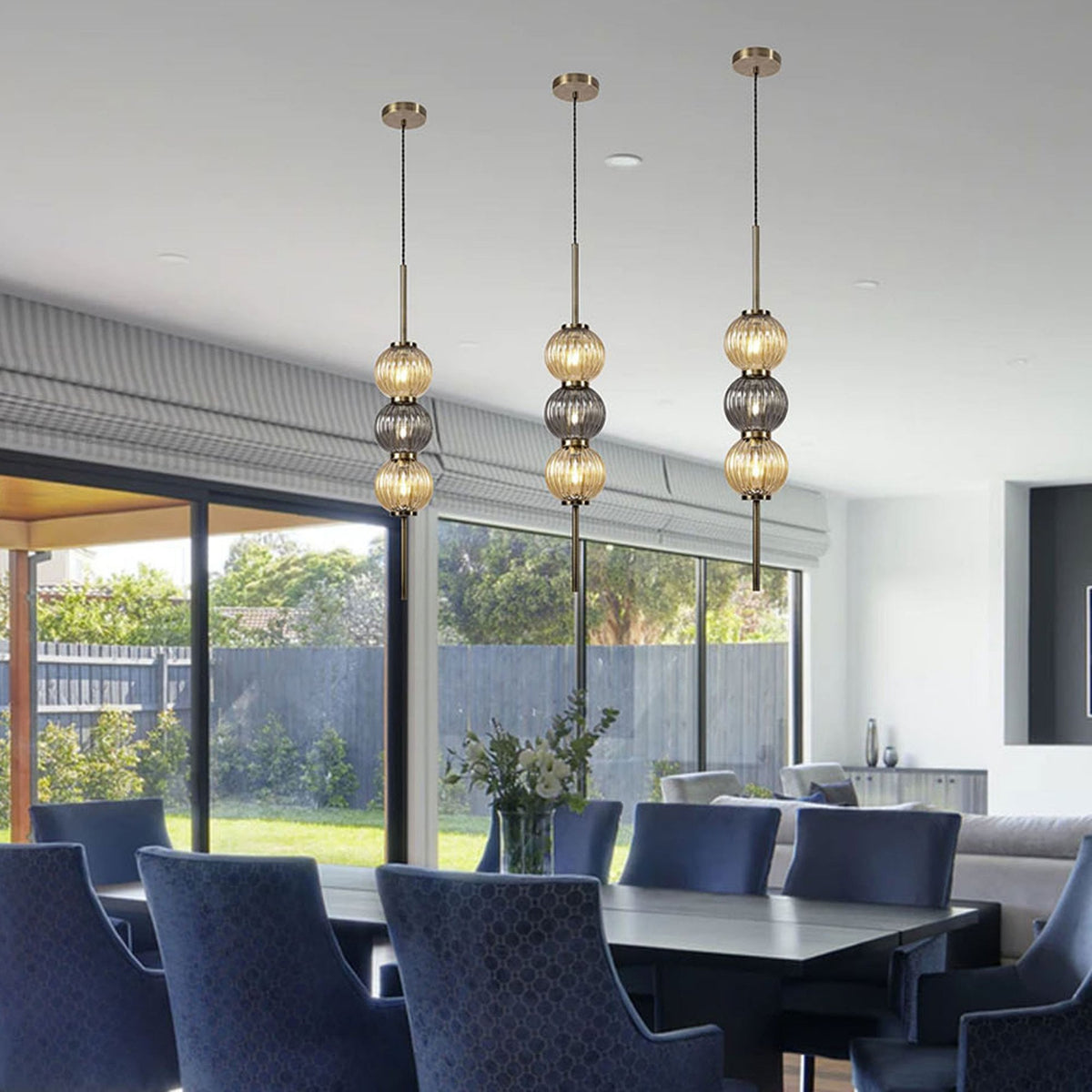 Fiddleford Pendant in Antique Brass with Smoked & Amber Glass