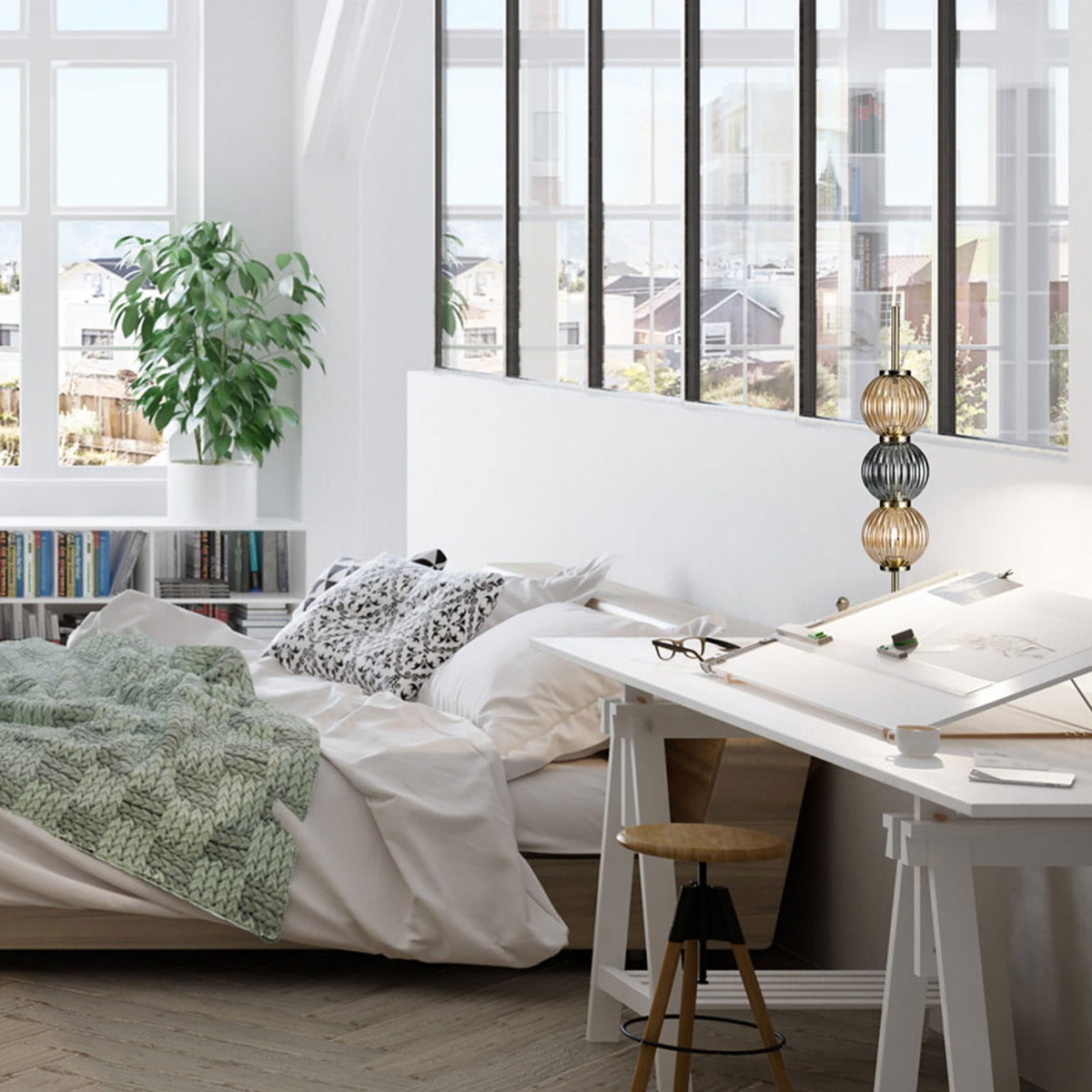 Fiddleford Table Lamp in Antique Brass with Smoked & Amber Glass