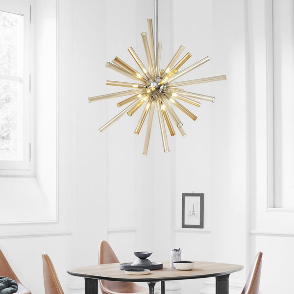 Frithelstock 16 Light Polished Chrome Pendant with Amber & Champagne Glass