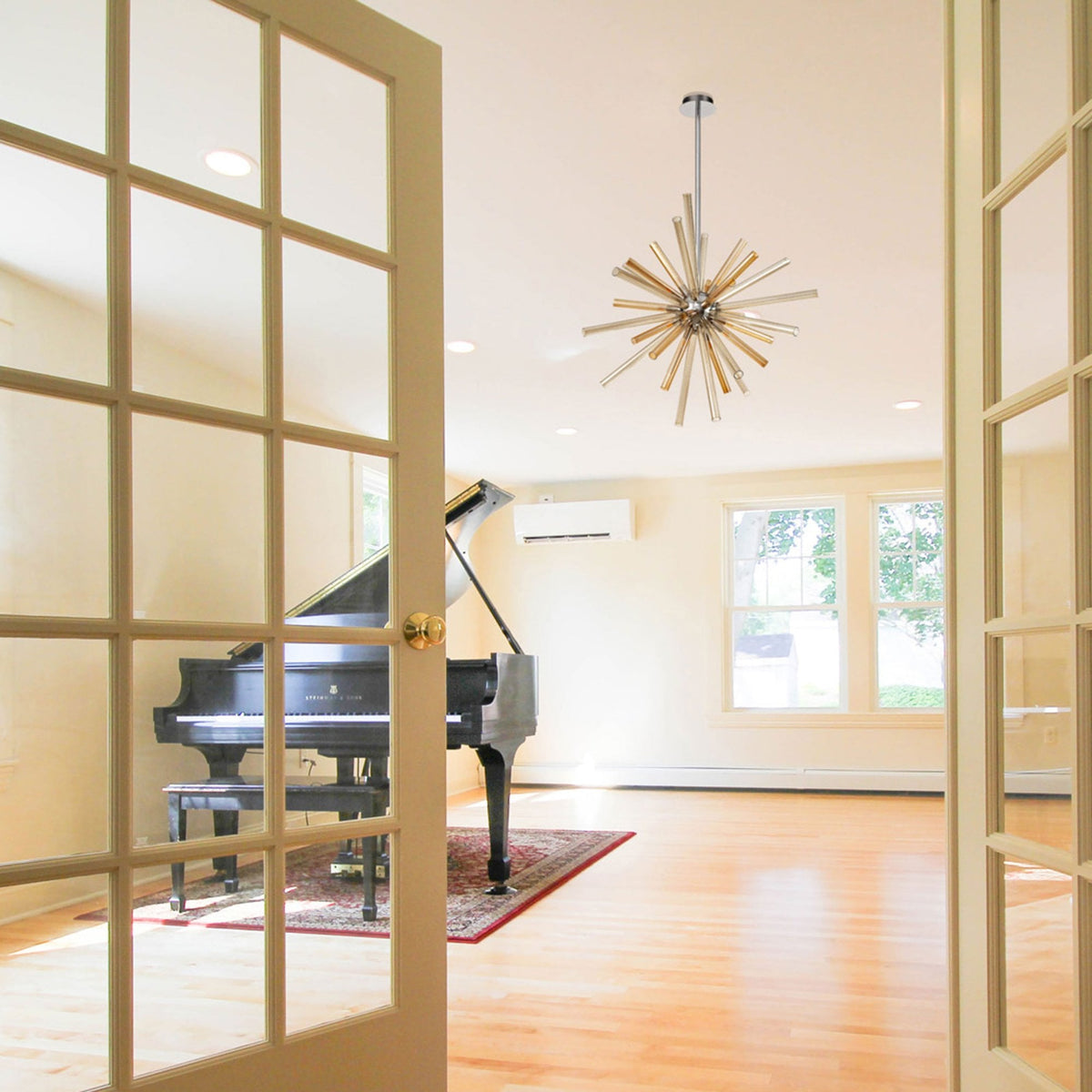 Frithelstock 16 Light Polished Chrome Pendant with Amber & Champagne Glass