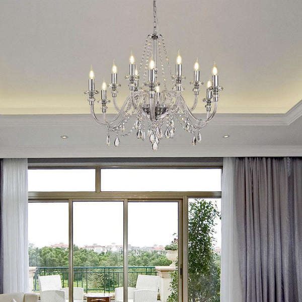 Gussard E14 Polished Chrome & Crystal 12 Light Chandelier Pendant
