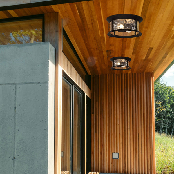 Halberton Flush Exterior IP54 Ceiling Light in Antique Bronze & Clear Ripple Glass