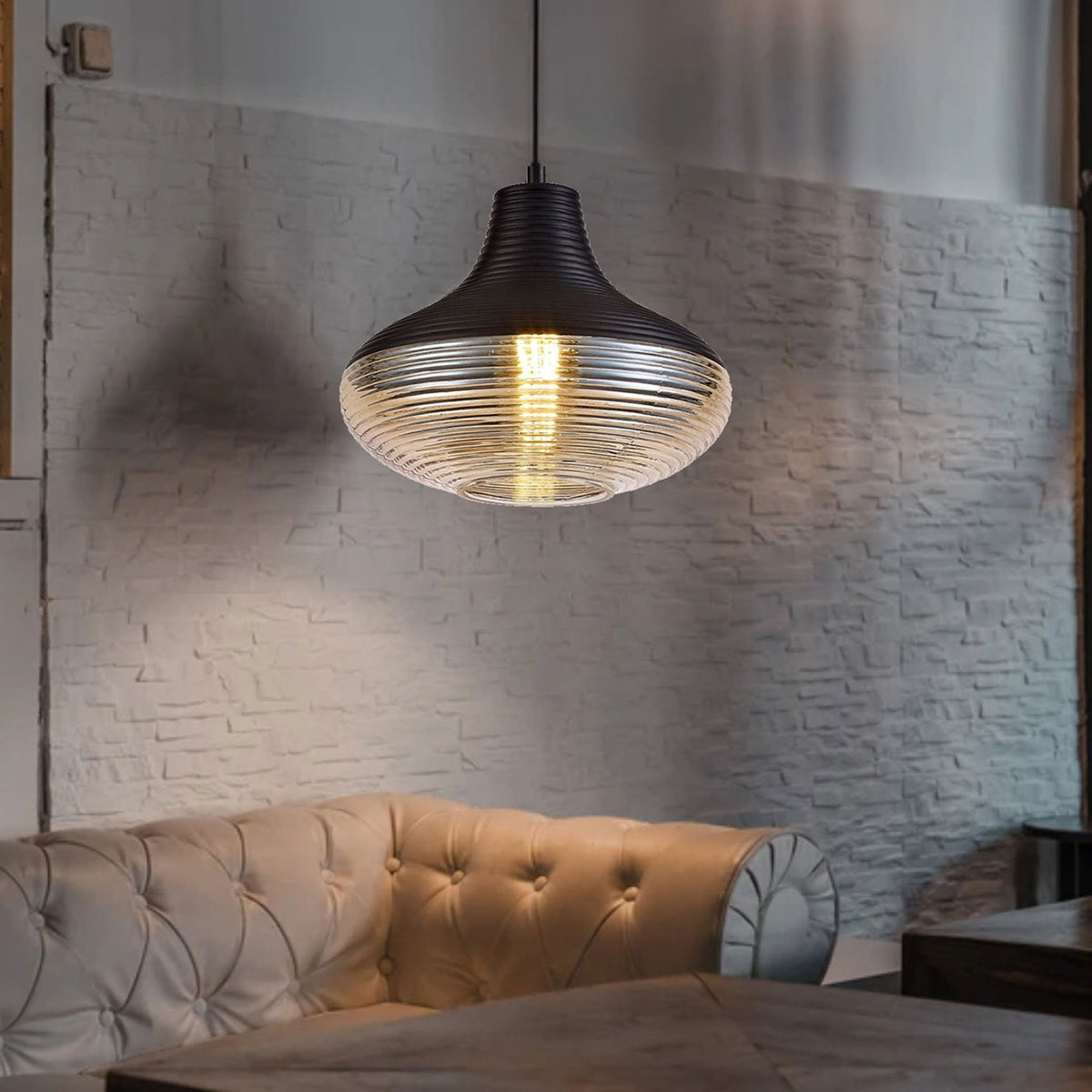 Huntsham Single Pendant in Black with Amber Glass