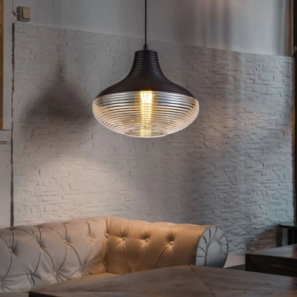 Huntsham Single Pendant in Black with Amber Glass