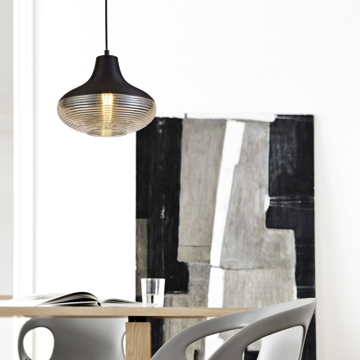 Huntsham Single Pendant in Black with Amber Glass