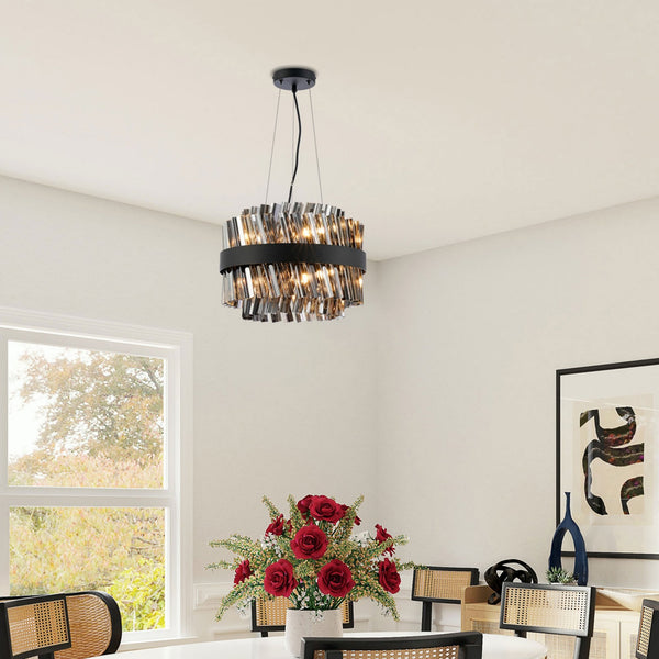 Kelly Ten Light Pendant in Satin Black & Smoke Glass