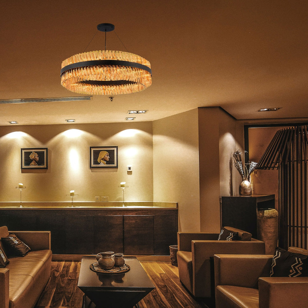 Kelly Thirty Two Light Pendant in Satin Black & Amber Glass