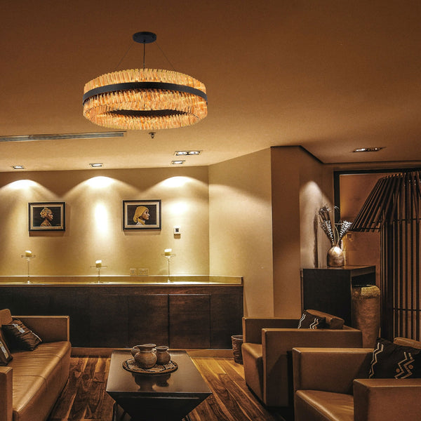 Kelly Thirty Two Light Pendant in Satin Black & Amber Glass